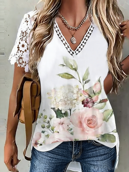 

Casual Floral Pattern V Neck Short Sleeve T-shirt, Pink, T-shirts