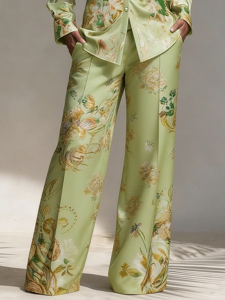 

Urban Floral Printing Straight Pants, Green, Pants