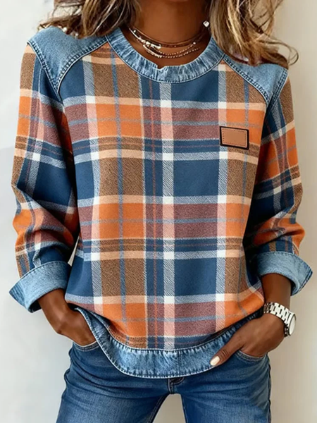 

Women's Plaid Print Patchwork Denim Crewneck Long-Sleeved Sweatshirt, Orange, Sweatshirts & Hoodies
