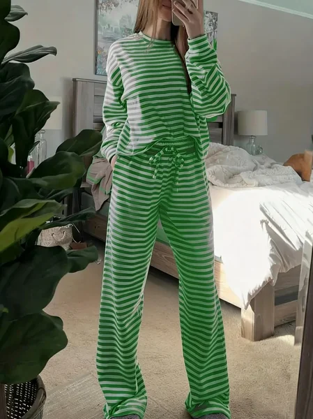 

Women Striped Two-Piece Set Daily Long Sleeve Vintage Spring/Fall Top With Pants Matching Set, Green, Sets