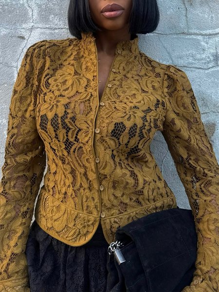 

Elegant Plain Stand Collar Shirt, Yellow, Blouses and Shirts