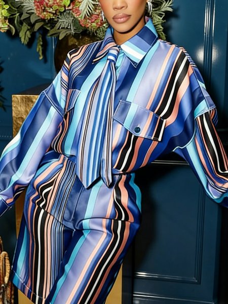 

Urban Striped Printing Shirt Collar Shirt With Tie, As picture, Blouses and Shirts