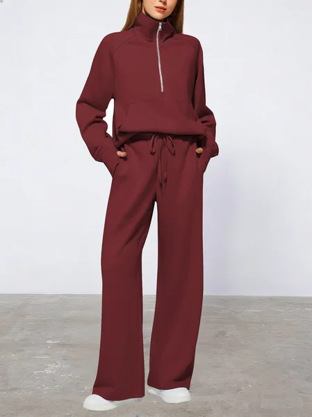 

Women Plain Two-Piece Set Daily Long Sleeve Casual Spring/Fall Top With Pants Matching Set, Wine red, Sets