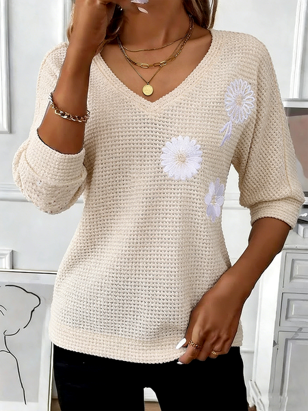Casual Floral V Neck Half Sleeve T-shirt