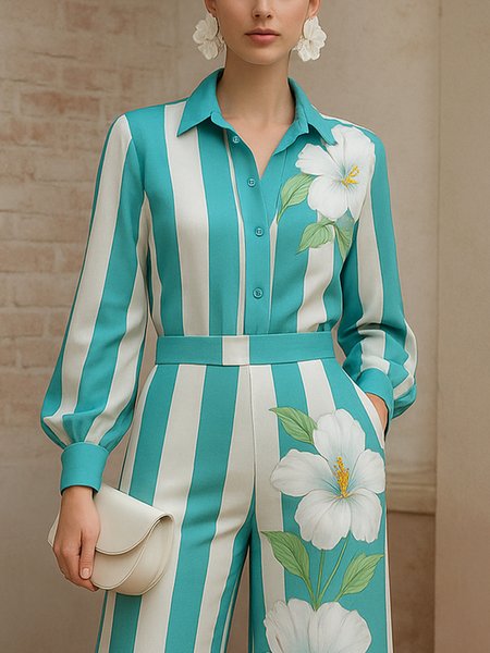 

Urban Striped Floral Printing Shirt Collar Shirt, As picture, Blouses and Shirts