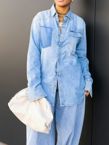 

Casual Plain Shirt Collar Denim Shirt, Denim blue, Blouses and Shirts