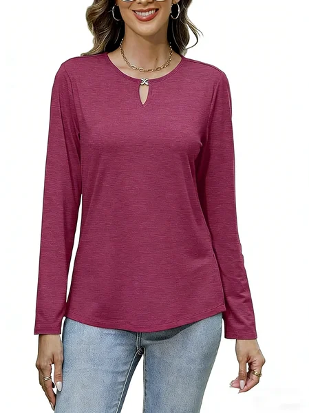 

Casual Plain Crew Neck Long Sleeve T-shirt, Purple, T-shirts