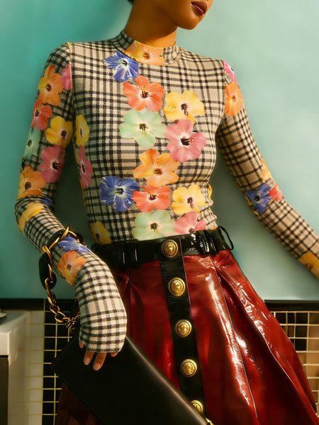 

Urban Floral Printing Stand Collar T-shirt, As picture, Tees