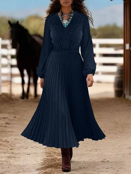 

Women's Long Sleeve Spring/Fall Blue Plain Split Joint V Neck Daily Going Out Casual Maxi A-Line Shirt Dress Dress, Deep blue, Dresses