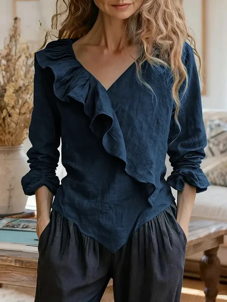 

Casual Plain Peplum V Neck Blouse, Navyblue, Blouses & Shirts