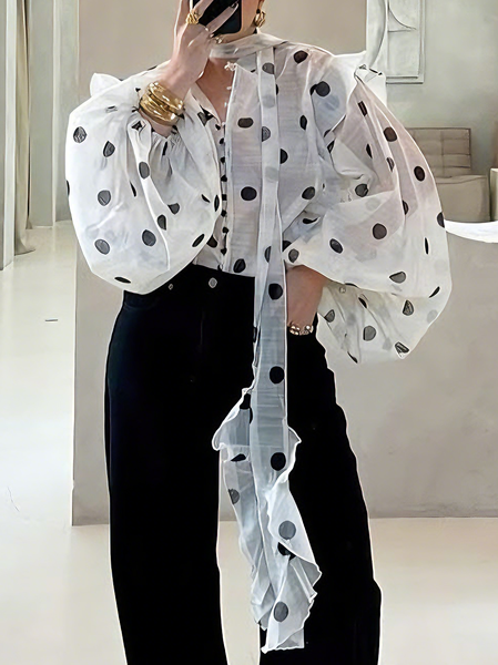 

Urban Polka Dots Buttoned Balloon Sleeve Shirt With Scarf, Black-white, Blouses and Shirts