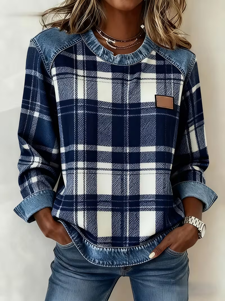 

Vintage Crew Neck Plaid Sweatshirt Printing, Blue, Hoodies & Sweatshirts