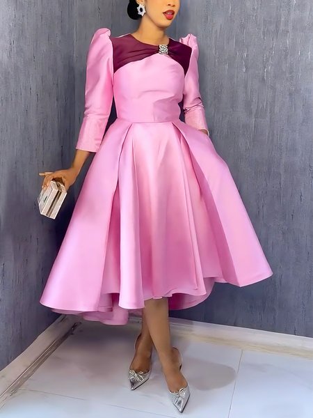 Elegant Color Block Split Joint Crew Neck Party Midi Dress