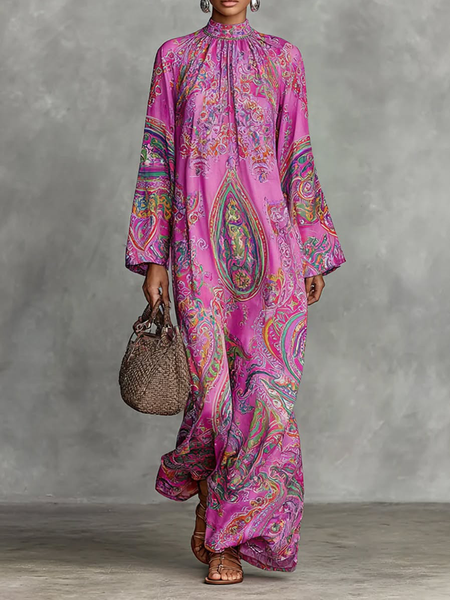 Vacation Ethnic Stand Collar Maxi Dress