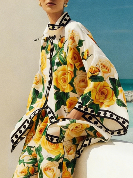 

Vacation Floral Buttoned Shirt Collar Shirt, Yellow, Blouses and Shirts