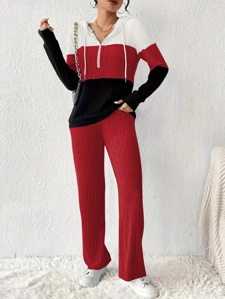 

Women Color Block Two-Piece Set Daily Long Sleeve Casual Spring/Fall Top With Pants Matching Set, Red, Sets