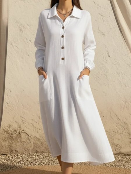 

Casual Plain Buttoned Shirt Collar Midi Dress, White, Maxi Dresses
