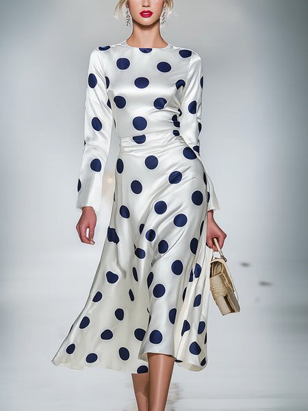 

Urban Polka Dots Printing Crew Neck Midi Dress, Blue-white, Midi Dresses