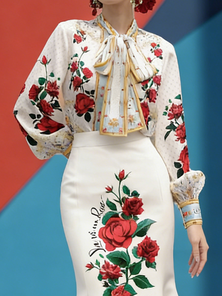 

Elegant Floral Tie Neck Blouse, As picture, Blouses and Shirts