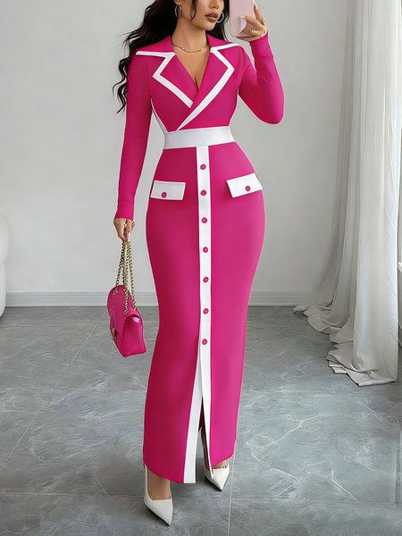

Elegant Color Block Buttoned Maxi Dress, Deep pink, Maxi Dresses