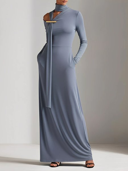 

Elegant Plain Off Shoulder Sleeve Stand Collar Maxi Dress, Gray, Maxi Dresses