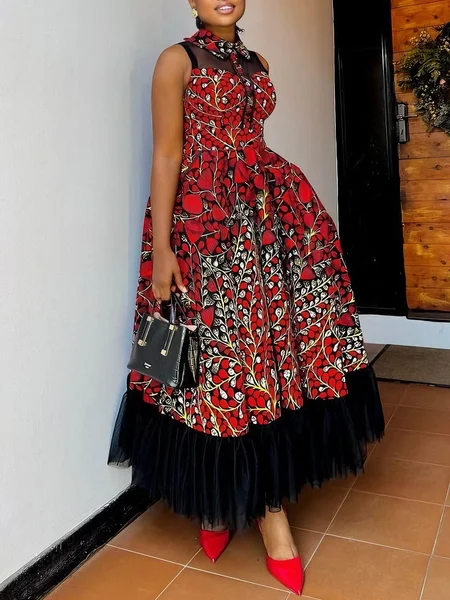 

Elegant Floral Printing Shawl Collar Maxi Dress, Red, Maxi Dresses