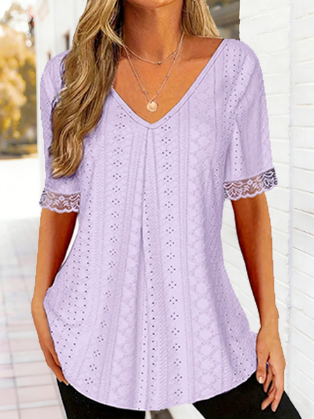 

Elegant Plain V Neck Short Sleeve T-shirt, Light purple, T-shirts