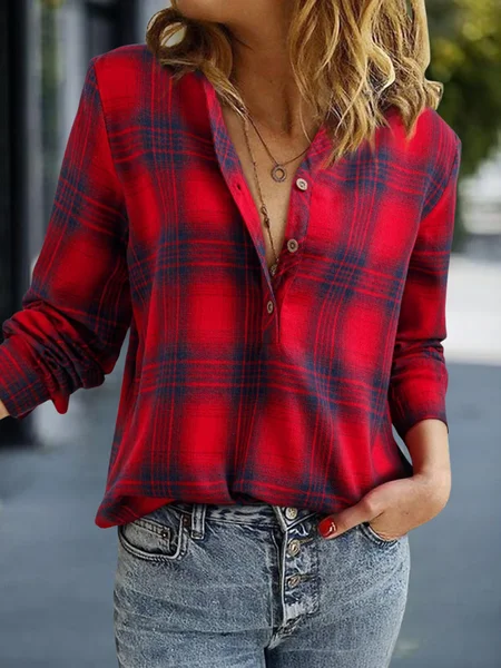 

V Neck Long Sleeve Plaid Split Joint Regular Micro-Elasticity Loose Button Up Shirt Shirt For Women, Red, Shirts