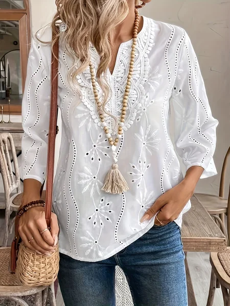 

Casual Floral V Neck Three Quarter Sleeve Blouse, White, Blouses & Shirts