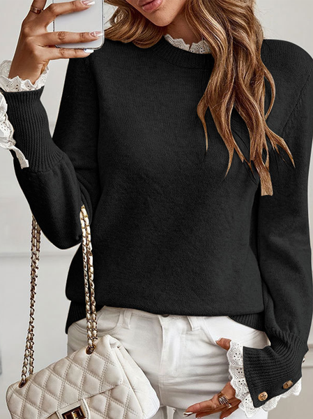 

Elegant Plain Crew Neck Long Sleeve T-shirt, Black, Blouses