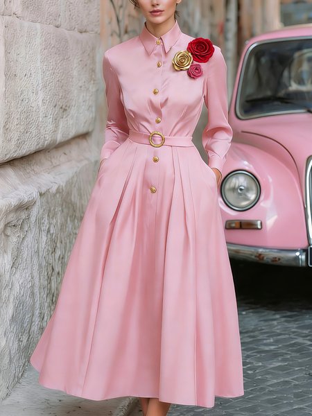 

Urban Plain Shirt Collar Midi Dress With 3D Floral Brooch, Pink, Maxi Dresses
