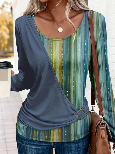 

Casual Striped Crew Neck Long Sleeve T-shirt, Blue, T-shirts