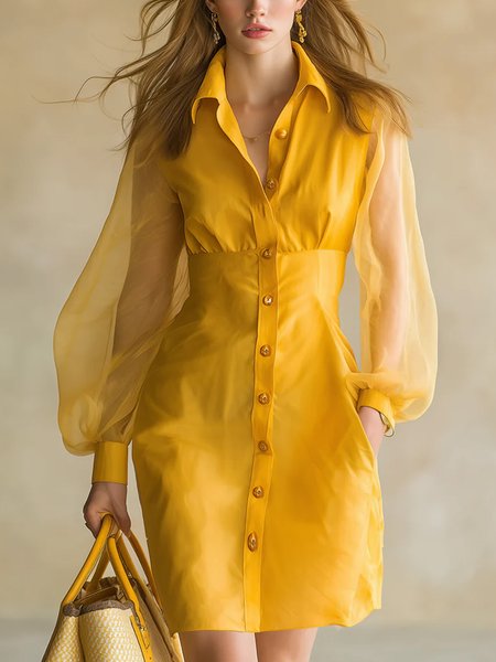 

Urban Plain Split Joint Shirt Collar Mini Dress, Yellow, Midi Dresses