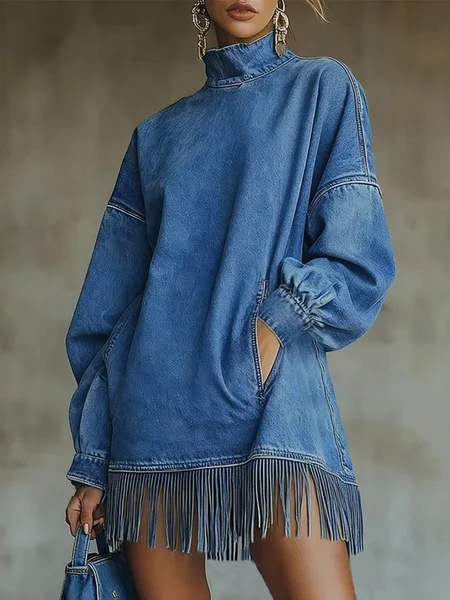 Denim Casual Plain Balloon Sleeve Tassel Turtleneck Mini Dress