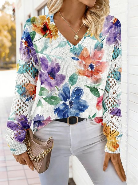 

V Neck Long Sleeve Geometric Regular Micro-Elasticity Regular Fit Blouse For Women, Multicolor, Blouses