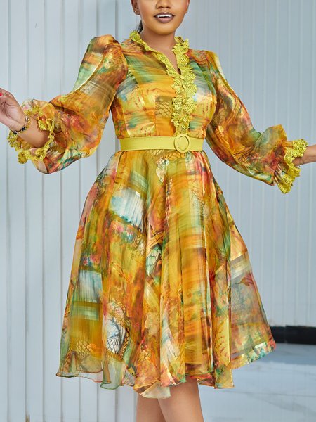 

Vacation Random Print Puff Sleeve Printing V Neck Knee Length Dress With Belt, As picture, Midi Dresses