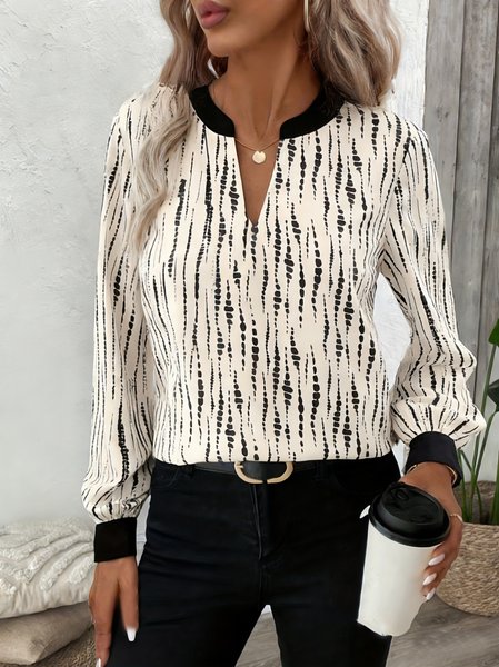 

V Neck Long Sleeve Striped Regular Loose Blouse For Women, As picture, Blouses