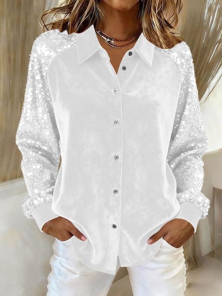

Women Plain Shawl Collar Long Sleeve Shirt Split Joint Casual Daily Spring/Fall Top, White, Blouses