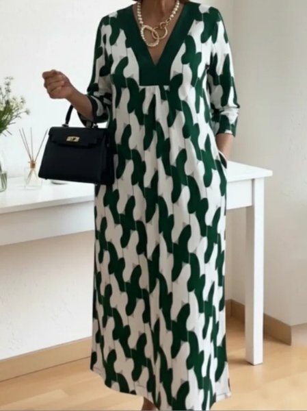 

Women Geometric Long Sleeve V Neck Printing Dress Daily Vintage Midi Shirt Dress A-Line Spring/Fall Dress, Green, Dresses