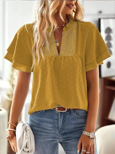 

V Neck Short Sleeve Plain Regular Loose Blouse For Women, Yellow, Blouses