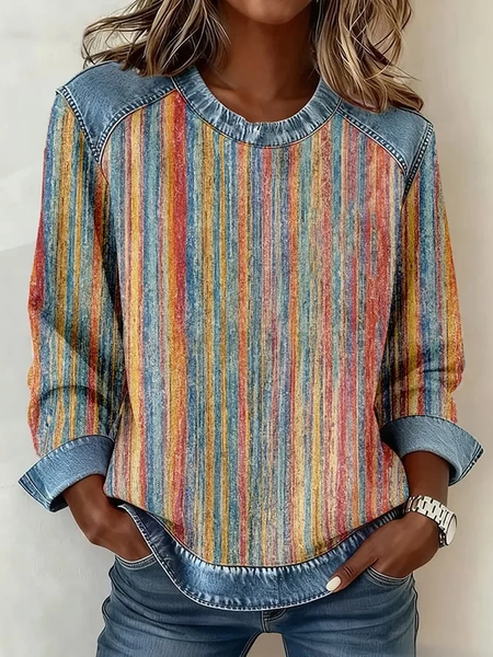 

Vintage Crew Neck Abstract Stripes Sweatshirt Printing, As picture, Hoodies & Sweatshirts
