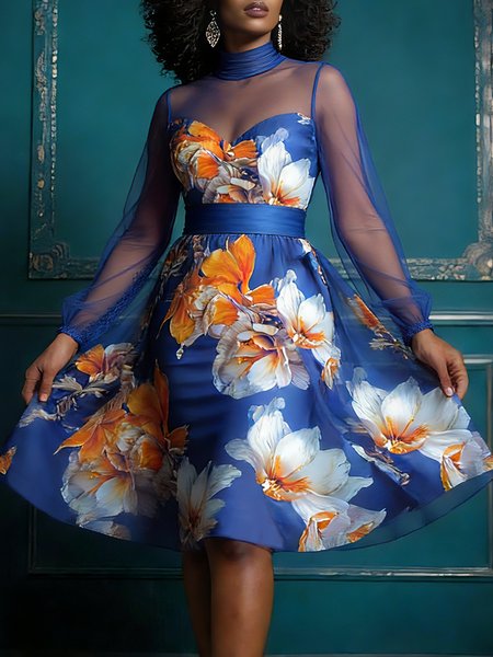 

Elegant Floral Printing Stand Collar Knee Length Dress, Blue, Midi Dresses