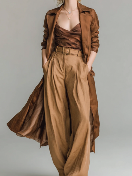 

Casual Plain Lapel Collar Trench Coat, Brown, Coats