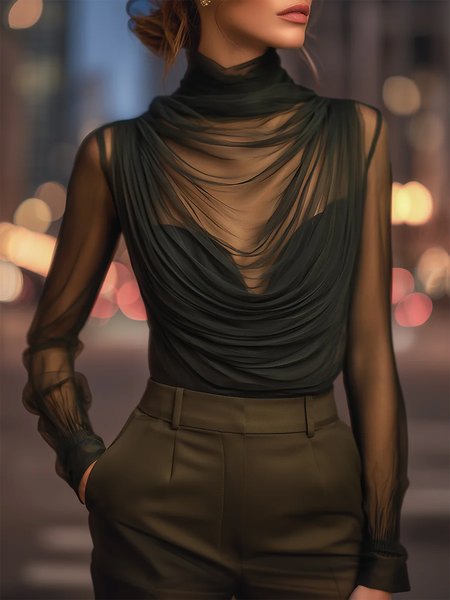 

Elegant Plain Ruched Turtleneck Blouse, Black, Blouses and Shirts