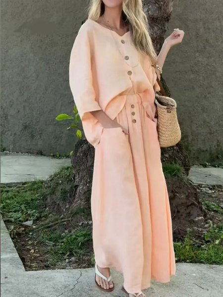 

Casual Plain V Neck Two-Piece Set, Pink, Suits