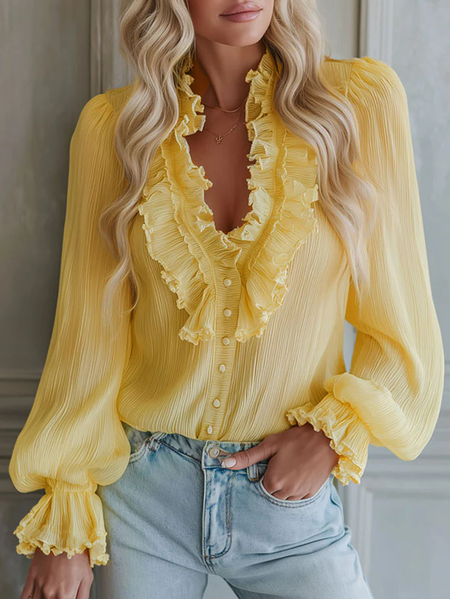 

Urban Plain Peplum Balloon Sleeve Shirt, Yellow, Blouses and Shirts