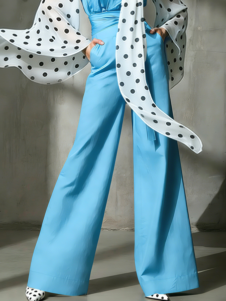 

Urban Plain Straight Pants With Belt, Blue, Pants