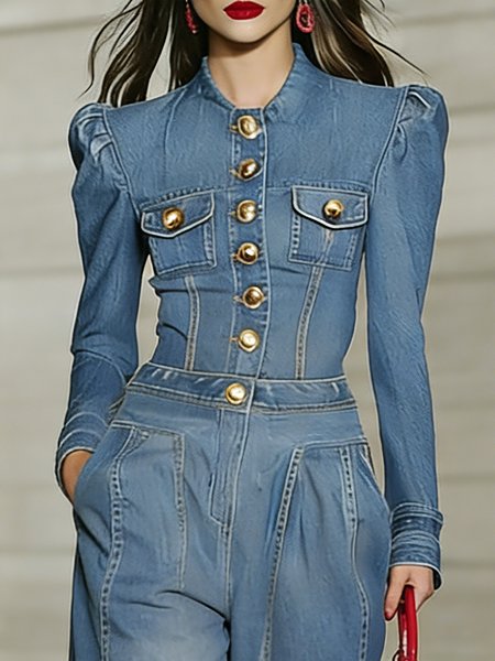 

Urban Plain Buttoned Crew Neck Puff Sleeve Denim Shirt, Blue, Blouses and Shirts