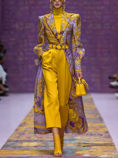 

Casual Geometric Lapel Collar Trench Coat No Belt, As picture, Coats