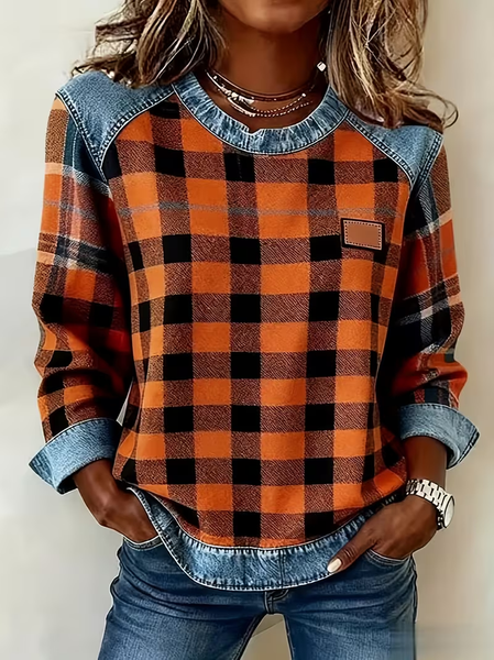 

Women Plaid Crew Neck Printing Vintage Spring/Fall Long Sleeve Sweatshirt, Orange, Sweatshirts & Hoodies